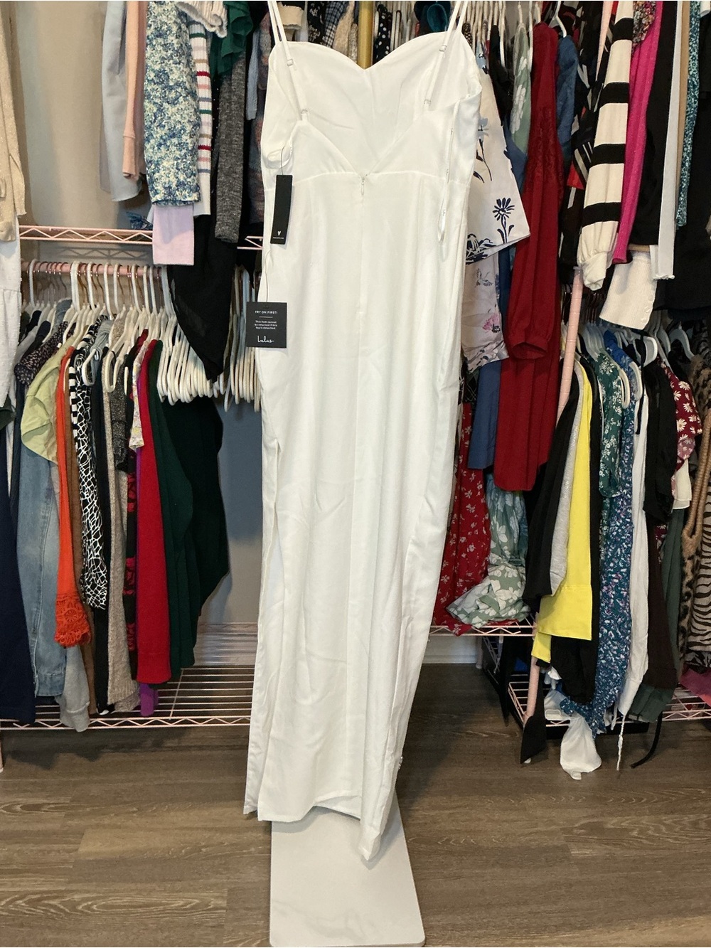 White Embellished Spaghetti-Strap Evening Gown - Picture 11 of 15